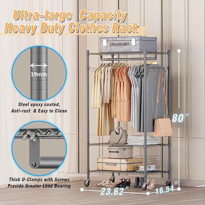 Homdox Narrow Rolling Garment Rack with Double Rods and 3 Adjustable Shelves, Compact Portable Closet Organizer for Bedroom, Dorm, Laundry Room, 23.62" W x 16.54" D x 80.71" H, Gray