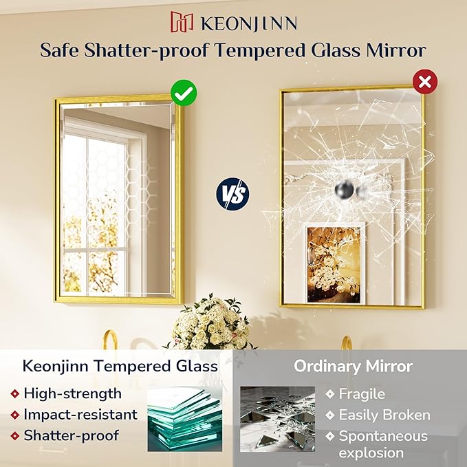 Keonjinn 16" x 24" Gold Bathroom Mirrors, Brushed Gold Framed Mirror, Beveled Tempered Glass, Shatterproof, Lightweight, Modern Farmhouse Rectangle Mirror for Decor, French Cleat Wall-Mounted Mirrors