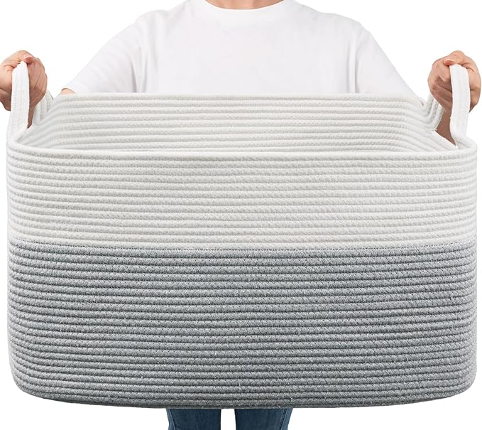 Goodpick Large Toy Storage Basket, Grey Cotton Rope Baskets Toy Storage Bin for Baby, Kids, Woven Storage Basket with Handle for Laundry, Living Room, Nursery, Bedroom, 21.6" x 14.9" x 11.8"
