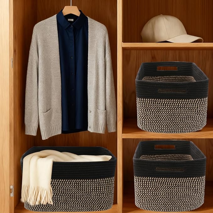 3 Pack Woven Rope Storage Baskets for Shelves,13.5"×11"×9.5" Storage Bins with Handles,Empty Gift Baskets,Nursery Organizer for Toys,Towels,Books,Closet,Living Room,Bedroom (Black&Jute)