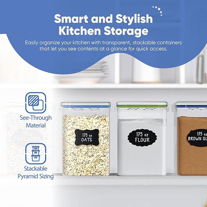 Chef's Path Large Airtight Food Storage Containers with Lids, Pack of 2, 5.2L, 175Oz, Airtight Kitchen and Pantry Bulk Canisters for Flour, Sugar, Rice, and Baking Supplies - Transparent