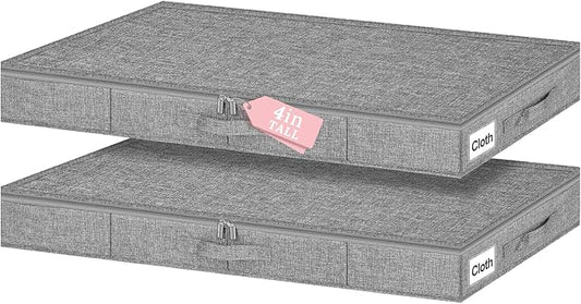 4-Inch Tall Under Bed Storage Container, Low Profile Underbed Storage Bin w/Rigid Sidewalls & Bottom, Shallow Storage Organizer with Lid for Couch, Sofa & Crib, 2-Pack, 33.5 x 16 x 4 Inch, Gray