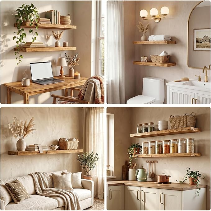 Floating Shelves 40" W x 8" D, Solid Elm Wood Shelves for Wall, 8 Inch Deep Floating Shelves, Rustic Wooden Bathroom Shelves 40" Long - for Living Room, Kitchen, Office, Set of 2, Heavy-Duty Bookshelf