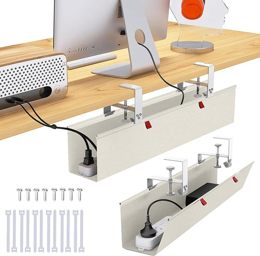 28" Small Under Desk Cable Management Tray No Drill, Compact Clamp On Cord Organizer for Dorm & Small Desk, Anti-Sag Oxford Fabric Wire Hider, Power Strip Holder (Beige, 28.6")