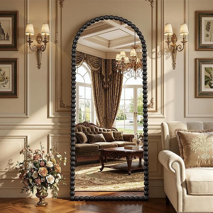 Antok 58" x 21" Arched Full Length Mirror, Antique Beaded Frame Floor Standing or Wall Mounted Mirror with Stand for Bedroom, Entryway, Black, Luxury Style