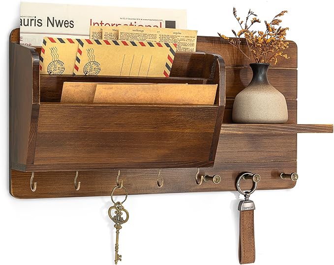 Rebee Vision Pine Wood Key Holder Wall Mount for Home Decor - Stylish Mail Holder Wall Mounted with Shelf & Hooks for Entryway - File Organizer with 3-Tire Mail Sorter for Lettter, Paper (Light Brown)