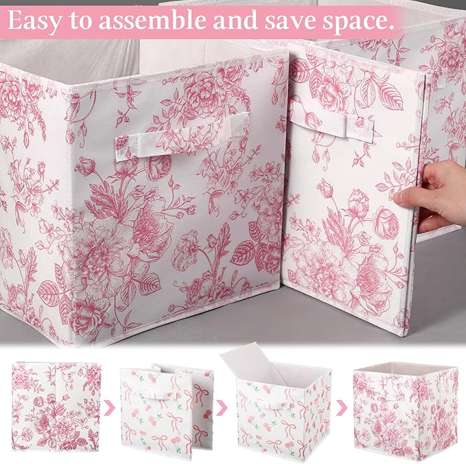Geelin 6 Pcs Pink Floral Cube Storage Bins 11 Inch Pink Flower Storage Basket with Handle, Preppy Girls Organizer Basket, Collapsible Fabric Box for Classroom Bedrooms Office Home Decoration Gift