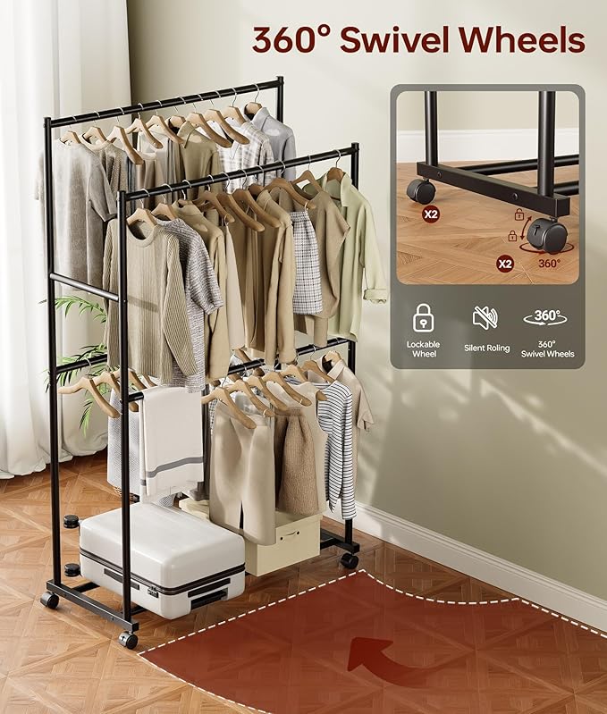 Clothes Rack - 36.2" x 21.3" x 72", 4-Bar Double Rod Rolling Metal Clothing Rack for Hanging Clothes, Portable Garment Rack with Wheels for Bedroom Laundry, Closet Wardrobe, Black