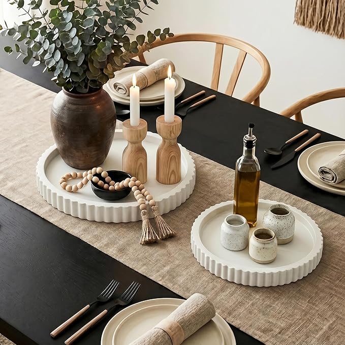 Decorative Tray for Coffee Table, Modern Minimalist Wooden Round Decor Tray for Kitchen, Living Room, Home Decor, Tv Stand, Bathroom Sink, Entryway, White Color, Set of 2