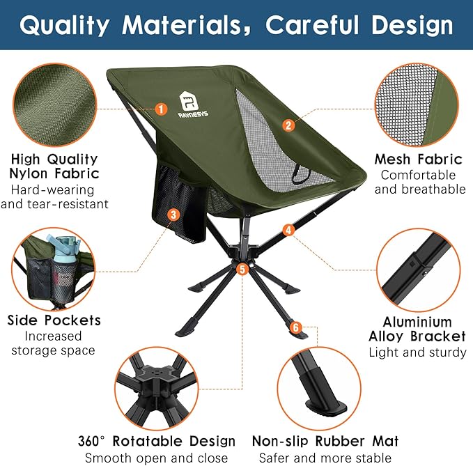 Raynesys 2 Pack Portable Camping Chair, Flexible 360° Rotation, 8 Seconds Quick Setup Folding Camping Chair, 3.8Lb Lightweight Travel Chairs for Easy Carry to Hiking, Sporting, Beach, Army Green