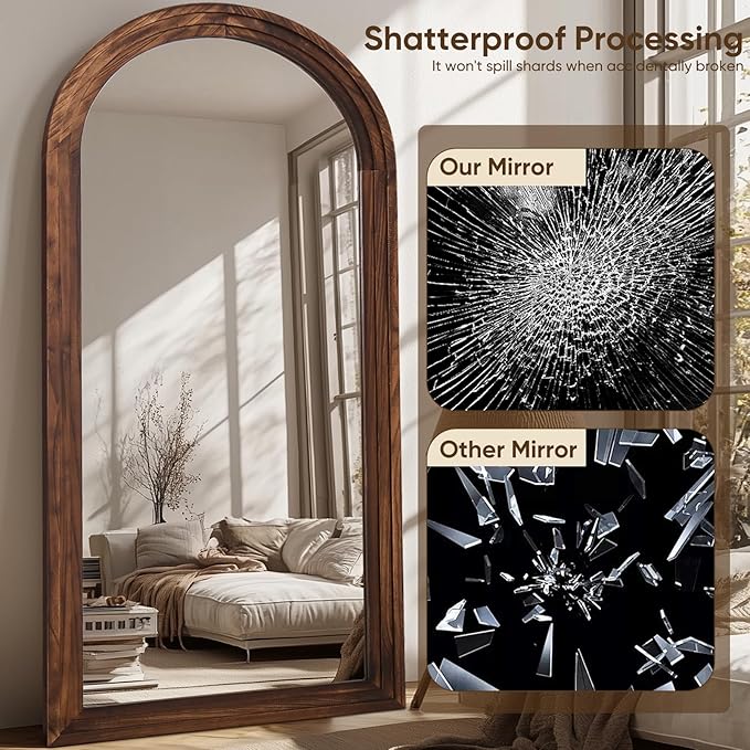 Full Length Mirror, 81"x41" Wooden Mirror Full Length with Stand Wood Floor Mirror, Oversized Stand Up Mirrors Large Wall Mirrors, Wall Mounted Mirrors, Arched Wood Style, Walnut