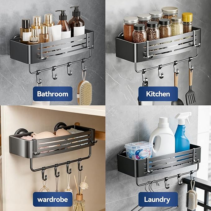 Rectangle Shower Caddy Suction Cup – Rustproof Aluminum Shelf with Towel Bar & Hooks, Laungborf No-Drill Removable Wall Storage for Bathroom (Matte Gray, 1 Pack)