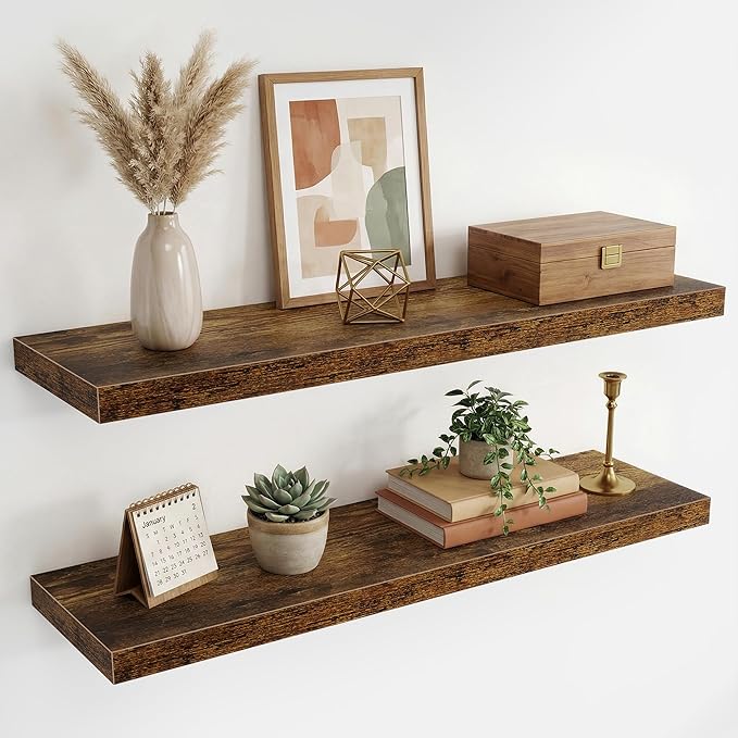 36 Inch Black Floating Shelves for Wall,9.3" Deep Long Floating Shelf Set of 2,Wood Wall Mounted Shelves Farmhouse Home Decor,Wall Storage Shelf for Bathroom Bedroom Living Room Office,Rustic Brown