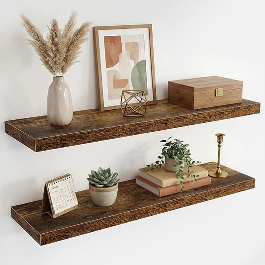 36 Inch Black Floating Shelves for Wall,9.3" Deep Long Floating Shelf Set of 2,Wood Wall Mounted Shelves Farmhouse Home Decor,Wall Storage Shelf for Bathroom Bedroom Living Room Office,Rustic Brown