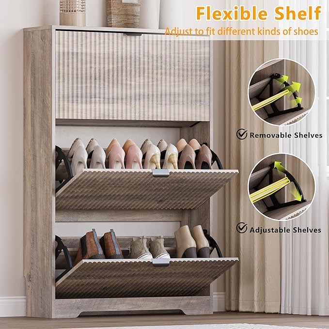BORNOON Entryway Shoe Cabinet with 3 Flip Drawers, Narrow Shoe Organizer Cabinet with Fluted Panel and Adjustable Shelves for Foyer, Hallway