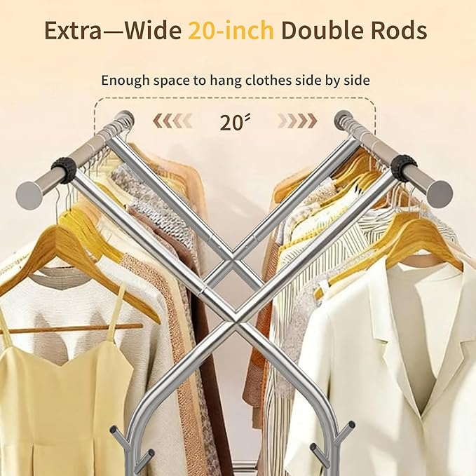 HAPPY CHEERS Heavy Duty Clothes Rack,Double Rods Clothing Rack for Hanging Clothes,Rolling Clothing Racks with Wheels,Metal Garment Rack for Bedroom Laundry Living Room,Silver
