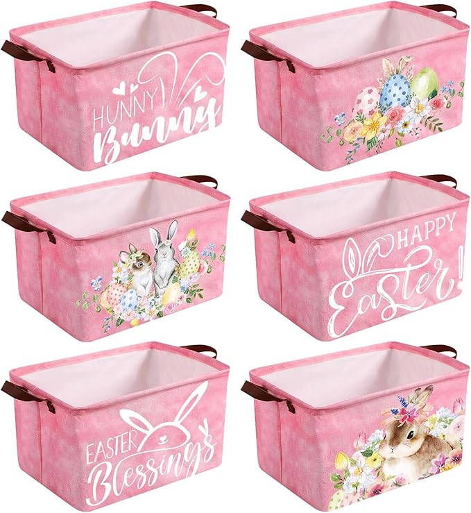 CHENGU 6 Pack Easter Storage Bin Collapsible Cute Easter Basket for Gift Large Pink Bunny Eggs Holiday Decor Rabbit Hunny Bunny Basket Foldable Farmhouse Flower Box with Handle for Bedroom Office Home