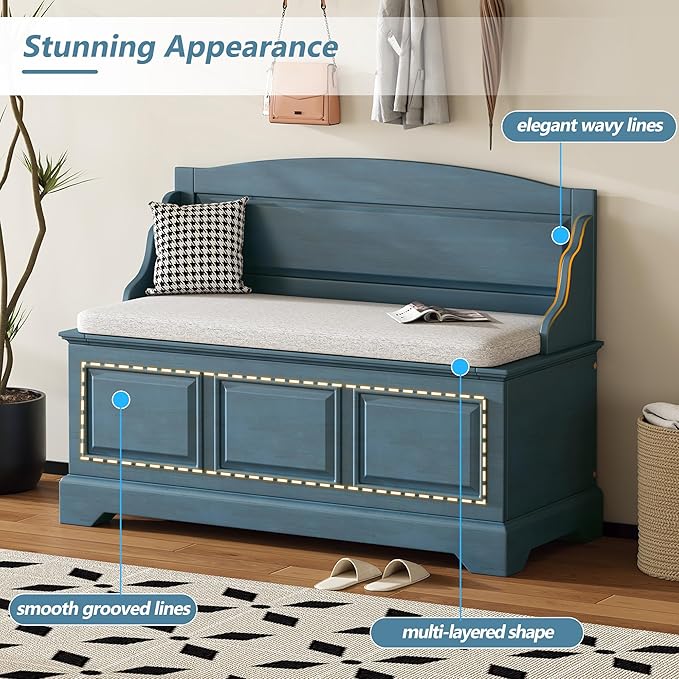 LUMISOL Shoe Storage Bench with Cushion, 41.7” Farmhouse Entryway Bench with Soft-Close Devices and Hidden Storage, Upholstered Storage Ottoman for Living Room, Entryway, Bedroom, Antique Navy