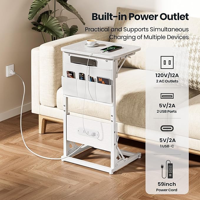 HLDIRECT C Shaped End Table with Charging Station, Couch Side Table with Storage Bag, Foldable TV Tray with 2 USB Ports and Outlets for Living Room, Bedroom, White