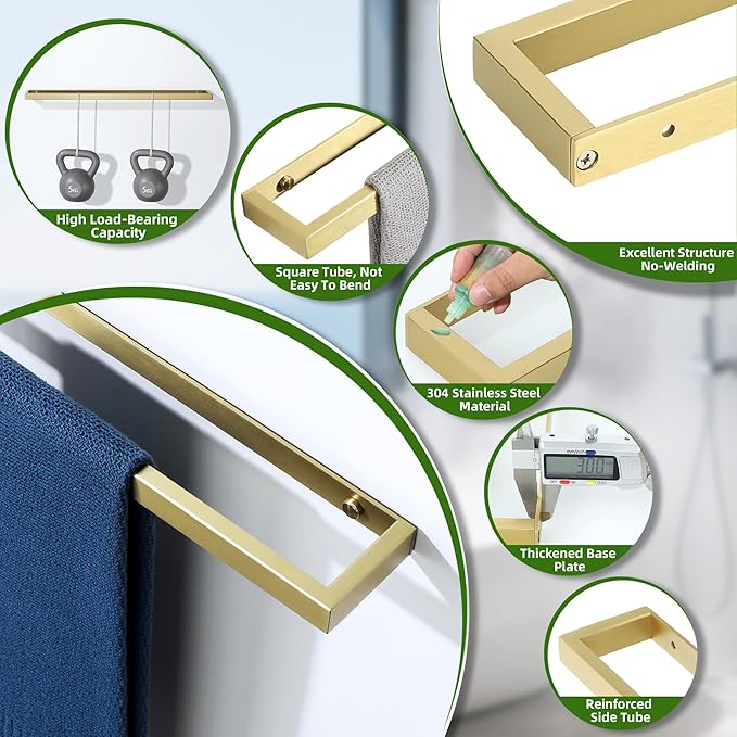 Alise 16 Inch Towel Bar,Towel Holder for Bathroom,Towel Racks for Lavatory,SUS304 Stainless Steel Hand Towel Hanger,Wall Mount Towel Rail,Brushed Gold