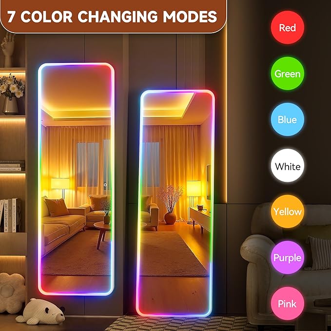 Hasipu 51"x17.7" LED RGB Door Mirror Full Length, Full Body Full Length Over The Door Mirror with Lights, Door Hanging & Wall Mounted Mirror for Bedroom, Living Room, Cloakroom