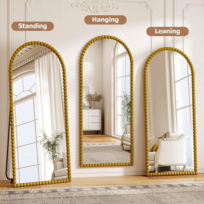 28"x71" Gold Arched Full Length Mirror, Vintage Beaded Decorative Floor Full Body Dressing Mirror as Room Decor Hanging Leaning Standing for Living Room, Bedroom, Vanity Area