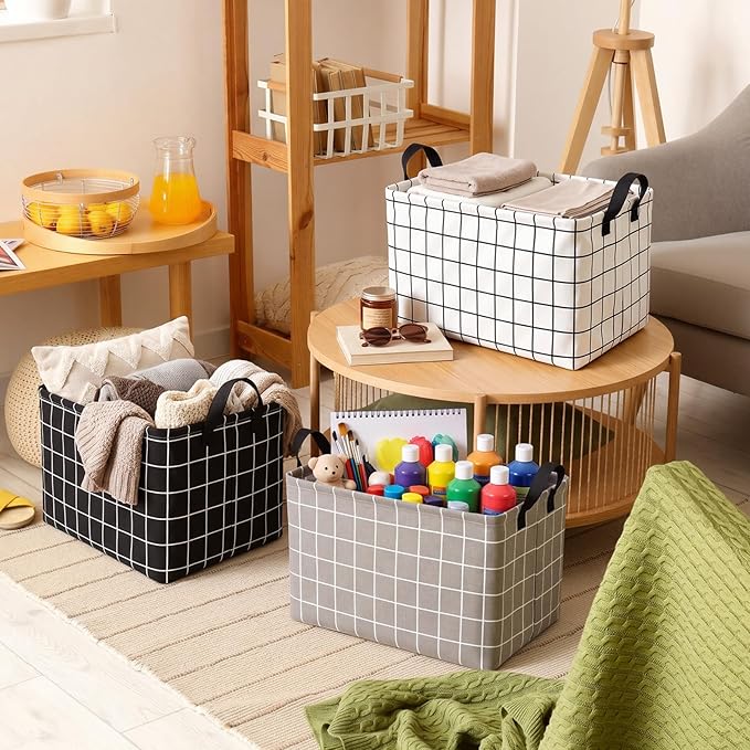 CHENGU 6 Pack Storage Basket with Handle Collapsible Canvas Bin for Gifts Plaid & Geometric Pattern Clothing Storage Bin Large Foldable Basket for Shelves, Closet, Nursery, Home Organization, 6 Colors