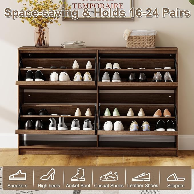 Shoe Cabinet with 4 Flip Drawers, Modern Narrow Shoe Storage Cabinet Organizer with Adjustable Shelf, Hidden Freestanding Shoe Rack for Entryway, Hallway, Living Room, Walnut