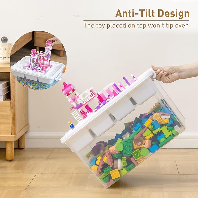 Citylife 32 QT Stackable Toy Storage with Building Baseplate Lid and Removable Tray Tool Box Organizer Storage Bins with Lids for Organizing Bead, Tool, Sewing, 4 Packs