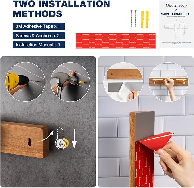 Magnetic Knife Holder for Wall, Acacia Wood Magnetic Knife Strip 16”, Strong N50 Knife Magnet Rack, No Drill 3M Adhesive or Screw Mount, Wooden Kitchen Knife Holder Organizer for Wall, Fridge, Kitchen