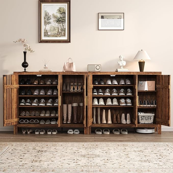 UNIQUITE Wooden Shoes Cabinet with 3 Doors and Adjustable Shelves, Retro Freestanding Shoe Organizer Cabinet for Entryway Hallway Living Room, 5-Tier Shoe Cabinet for 30 Pairs, Dark Walnut