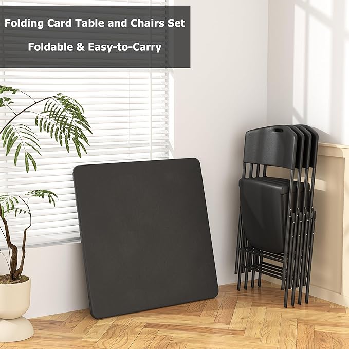 VECELO 5-Piece Folding Card Table Square and Chair Set with Collapsible Legs & Vinyl Upholstery,Portable for Indoor & Outdoor, Black & Dark Grey