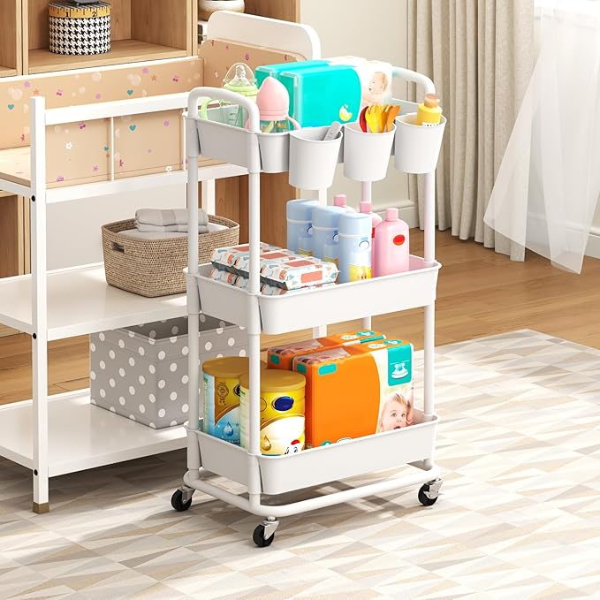 3-Tier Baby Diaper Caddy Organizer Cart with Locking Wheels & Hanging Cups - Rolling Storage Cart for Nursery, Changing Table, Baby Essentials, White