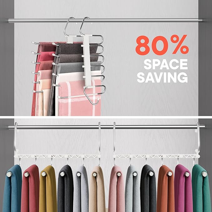 Campior Space Saving Pants Hangers 4 Pack, 6 Layer Jeans Hangers and Closet Organizer for Jeans, Scarves, & Skirts, Multi-Layer Hanger with Anti-Slip Stopper, Heavy-Duty S-Type Stainless Steel, White