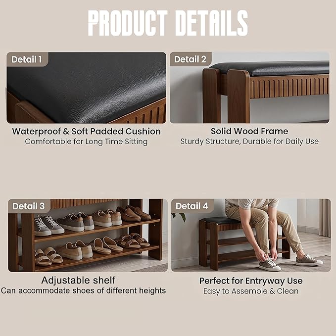 Shoe Bench with Cushion, Solid Wood 2 Tier Adjustable Storage Shoe Bench Rack for Entryway, Bedroom, Closet, Living Room, Hallway