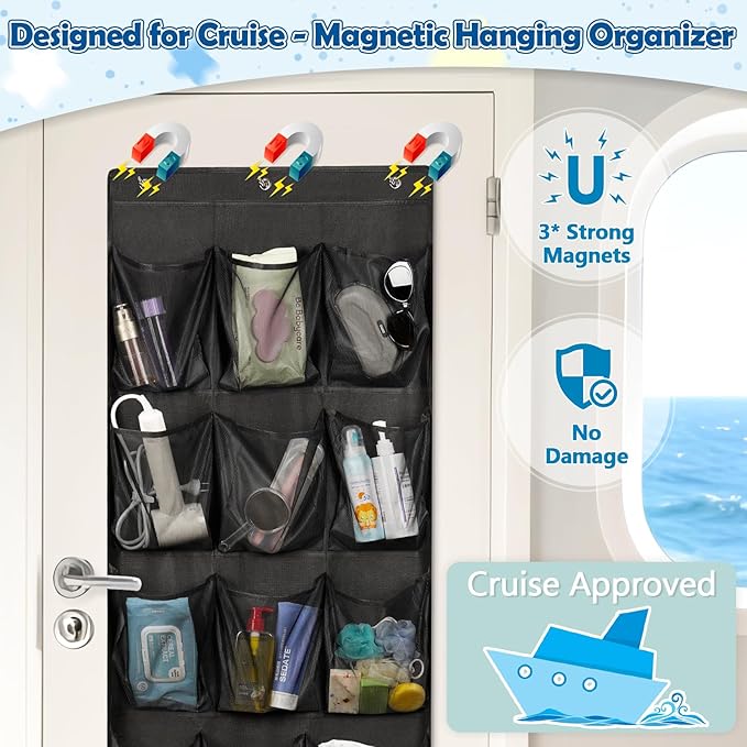 Over The Door Cruise Ship Organizer - Cruise Ship Magnetic Door Organizer with 15 Size-Graded Pockets, Hanging Magnetic Cruise Storage Shoe Rack for Cabin, 2026 Cruise Essential, 9 Hooks(Black)