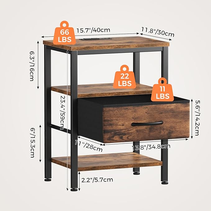 DUMOS 3-Tier Storage, Bed Side Tables with Wireless Charging Station, End Tables with Adjustable Fabric Drawers, Nightstand Set of 2, Modern Design, Brown