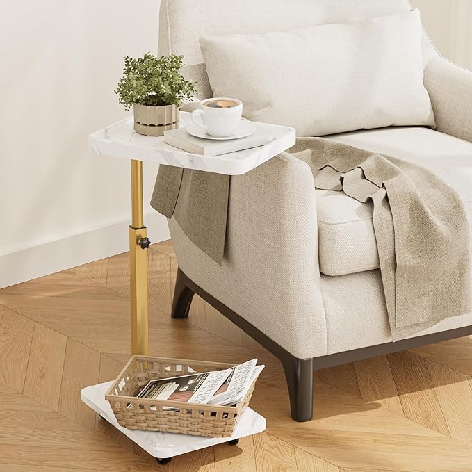 TV Tray Table, Adjustable Dinner Trays for Eating Table,360° Swivel& Sofa Armrest End Side Couch Snack Table for Sofa, Bedroom, Living Room, C Shaped End Table that Slide Under(White+Gold)