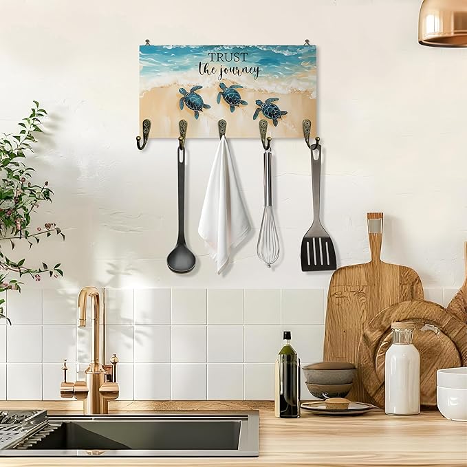 Sea Turtle Gifts Key Holder for Wall 10"x5.12", Gifts for Turtle Lovers Key Hanger Wall Mount, Trust The Journey Coastal Beach Wooden Hanging Keys Holder Decor for Entryway Beach House