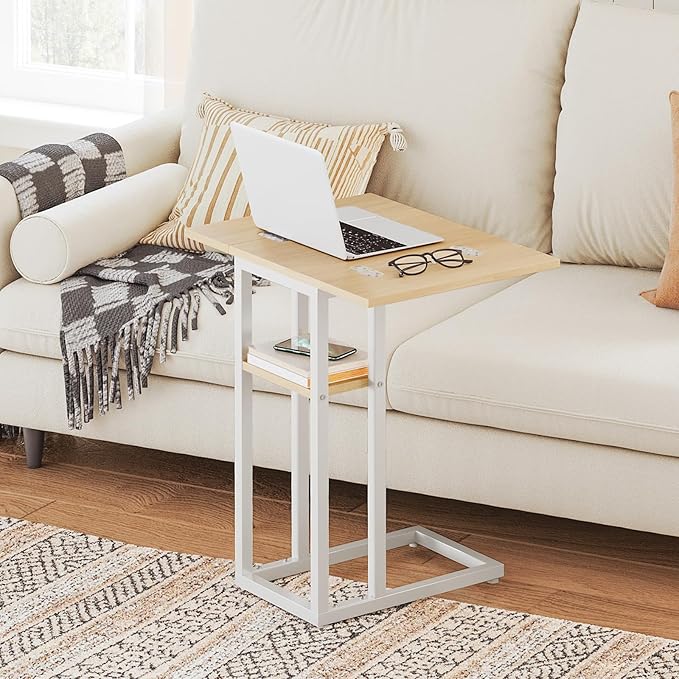 HOOBRO Foldable C Shaped End Table, C Shaped Side Table with Storage Shelf, Small Snack Table, Slide Under Couch Table for Sofa, Living Room Bedroom Small Spaces Easy Assembly, Natural WN29SF01