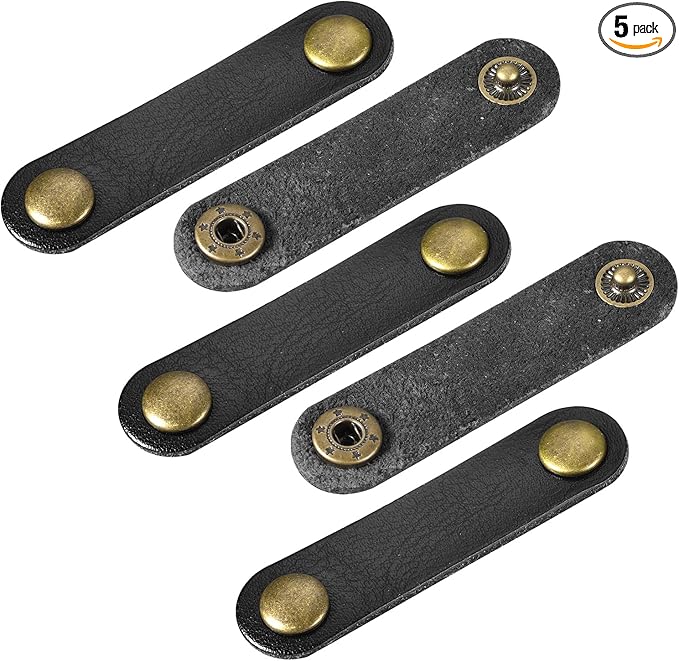 MECCANIXITY Pack of 5 Leather Cable Straps Cord Organizer 63x16mm Portable Cable Leather Clips Black Earphone Cord Management for Cable, Wire