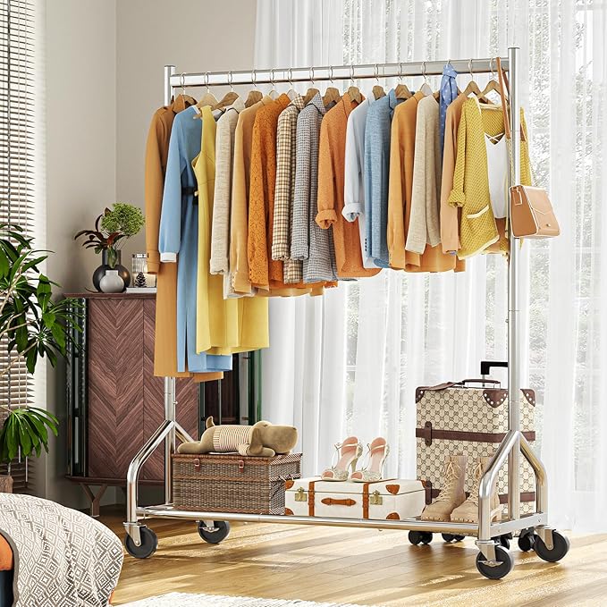 Simple Trending Heavy Duty Clothes Rack Load 420 LBS, Rolling Clothing Racks with Lockable Wheels, Metal Garment Rack for Hanging Clothes, Bedroom, Laundry Room, Silver