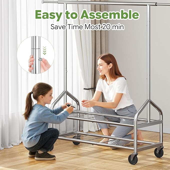 Ekisemio Heavy Duty Clothes Rack Load 650 LBS, Rolling Clothing Rack with Shelves, Metal Garment Rack for Bedroom, Laundry Room, Retail Store, Chrome