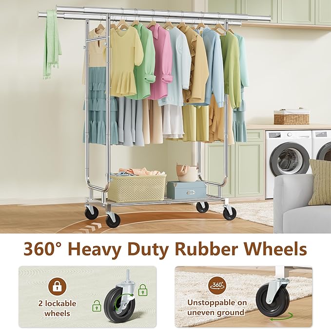 Heavy Duty Rolling Clothes Rack, 620 LBS Load Double Rod Adjustable Garment Rack with Storage Shelves & Lockable Wheels, Portable Clothing Rack for Hanging Clothes for Bedroom, Laundry Living Room