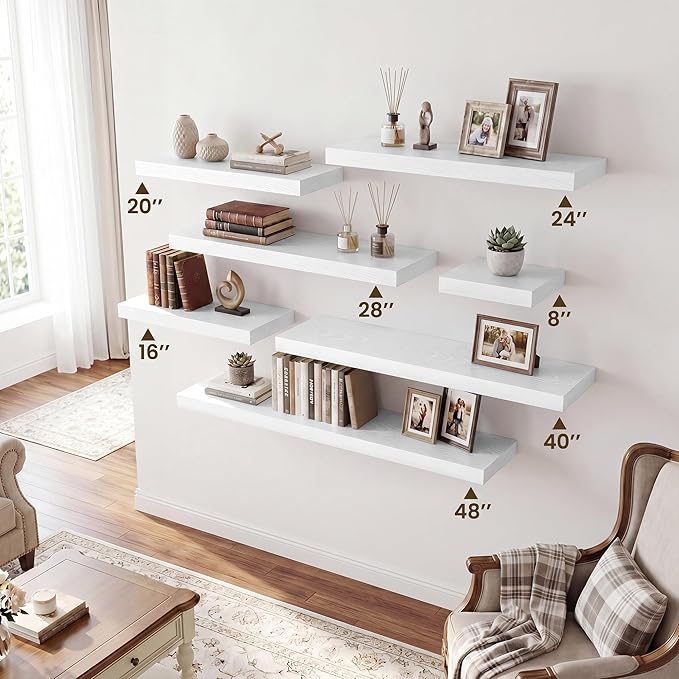 RICHFOCUS 28Inch Floating Shelves for Wall 2 Pack Shelves for Bedroom|Kitchen|Bathroom|Laundry Room Rustic Wood Wall Mounted Shelf with Invisible Brackets for Books|Storage|Decor, White