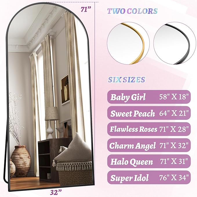 Full Length Mirror, 71"x32"Arched Floor Mirror Freestanding, Floor Standing Full Body Mirror with Stand for Bedroom, Hanging Mounted for Living Room Cloakroom