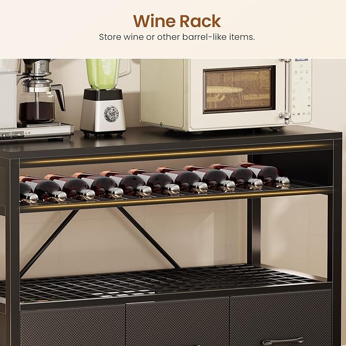 Itaar Bakers Rack with Storage and Power Outlet, 35.4 inch Coffee Bar Cabinet, Microwave Stand Kitchen Cabinet with Hutch, LED Lights, Wine Rack and Hooks (Black)