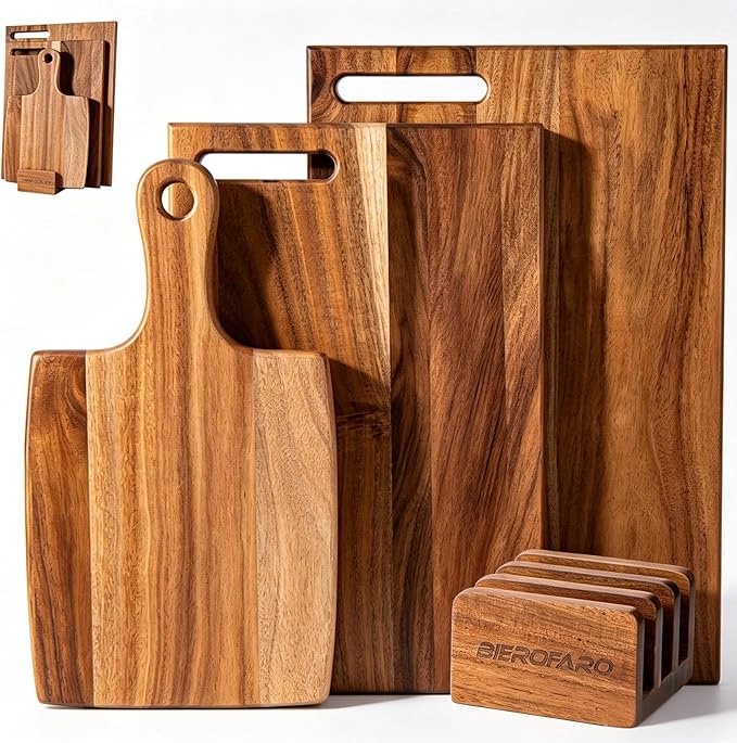 Acacia Wood Cutting Board Set of 3 with Stand – Kitchen & Charcuterie Serving Boards, Multi-Size Wooden Chopping Boards for Meat, Veggies & Fruit, Easy Clean & Space-Saving Display