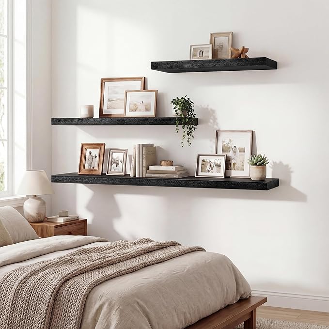 Acovy Floating Shelves for Wall 9 Inch,9.3" Deep Square Floating Shelf Set of 3,Wall Shelves Hanging Shelf with Invisible Brackets,Wall Mounted Shelf for Kitchen Living Room Bedroom Bathroom,Black