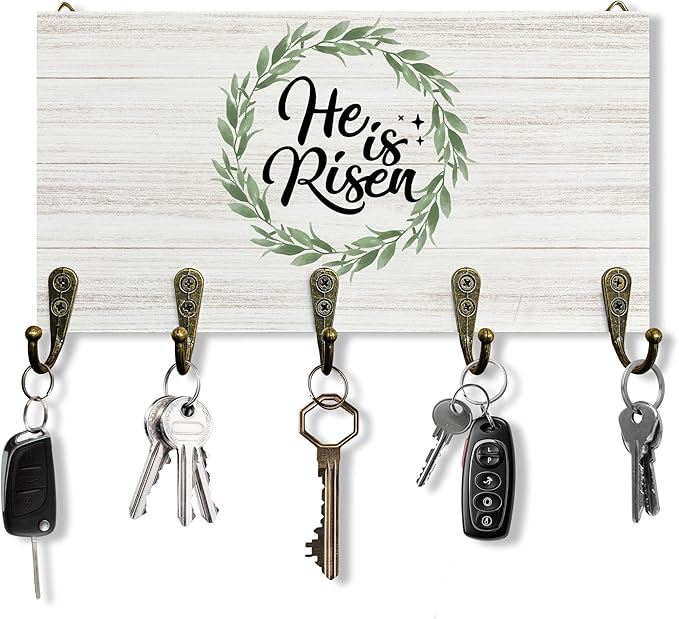 Easter He is Risen Key Holder for Wall 10"x5.12", Christian Easter Key Hanger Wall Mount, Religious Bible Verse Wooden Hanging Keys Holder Decor for Entryway Front Door（5 Hooks）